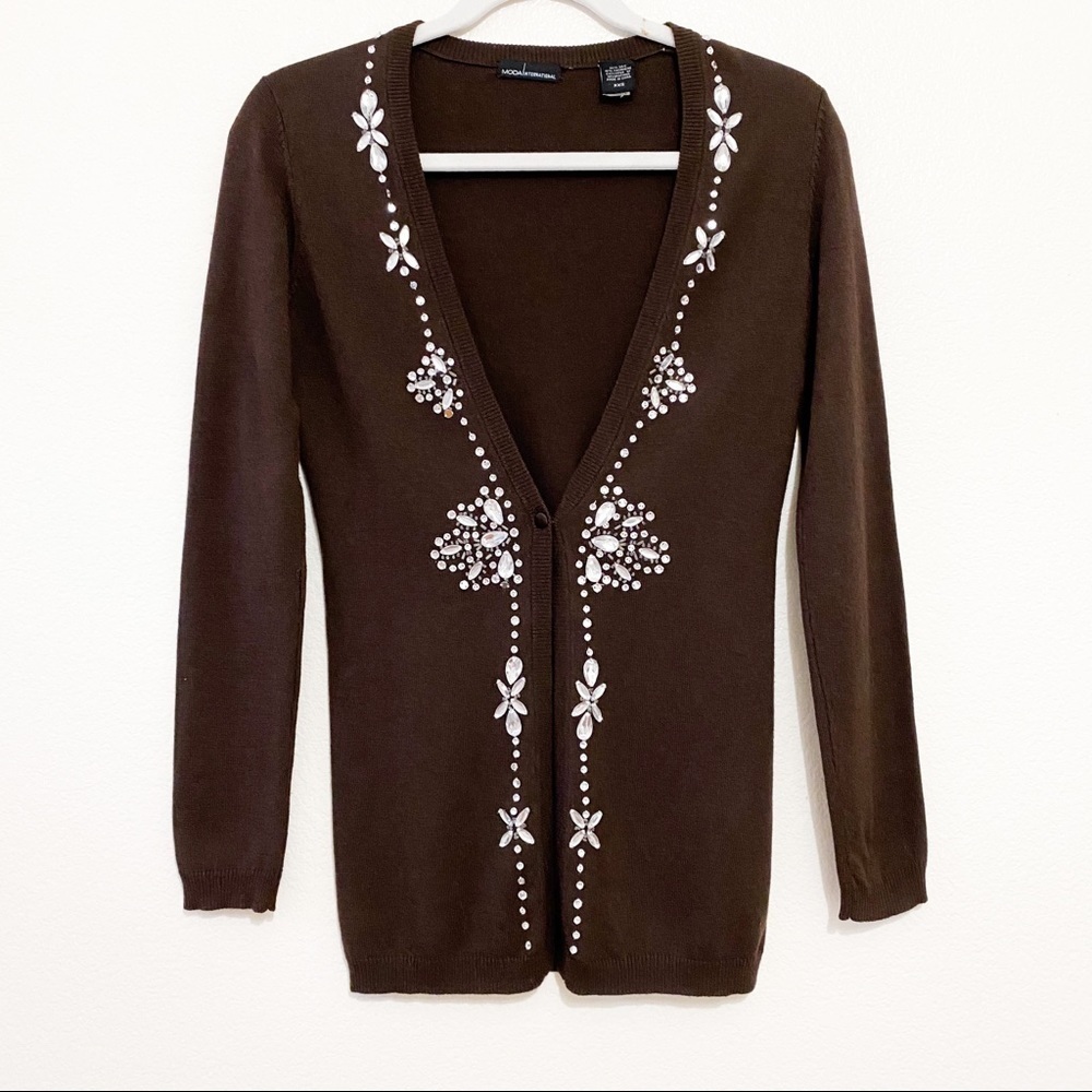 Moda Int Brown Cashmere Rhinestones Cardigan XXS